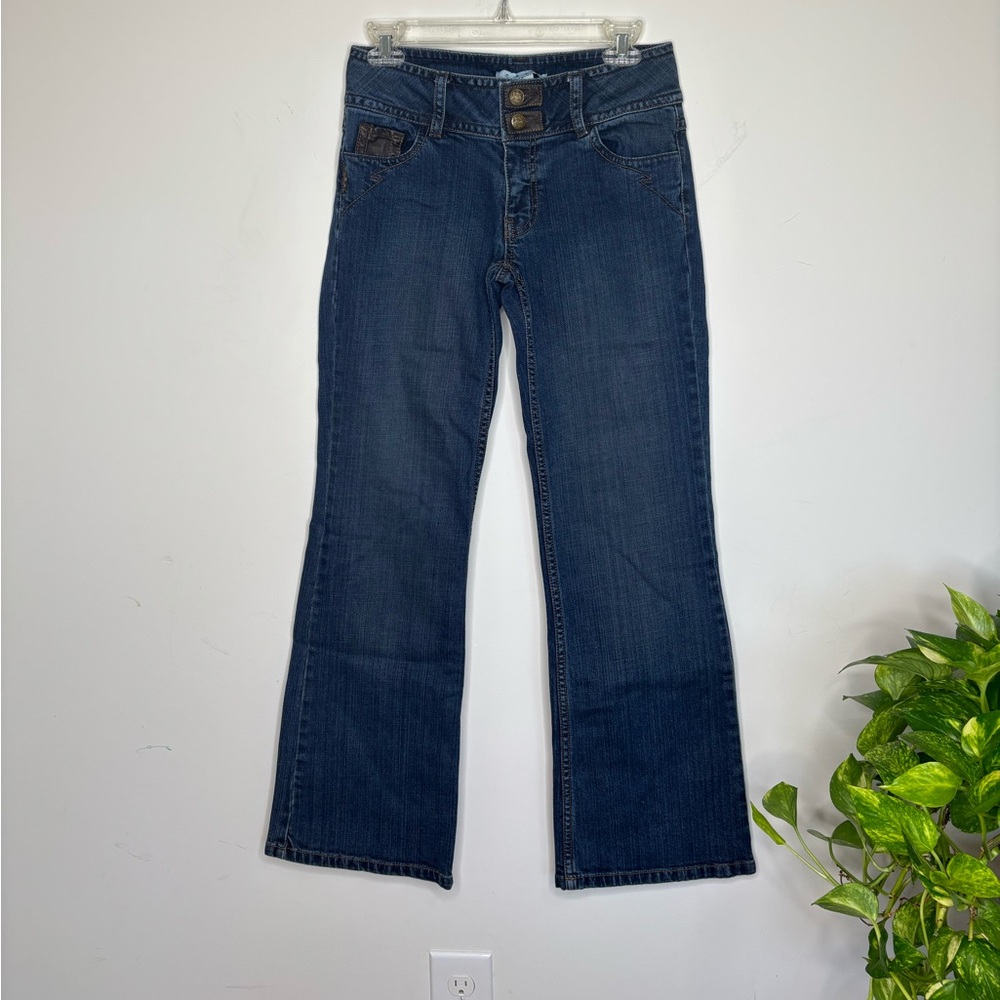 BN5 CAbi Boot Cut Contemporary Fit Denim Jeans Blue Leather Trim Dark Wash 2
